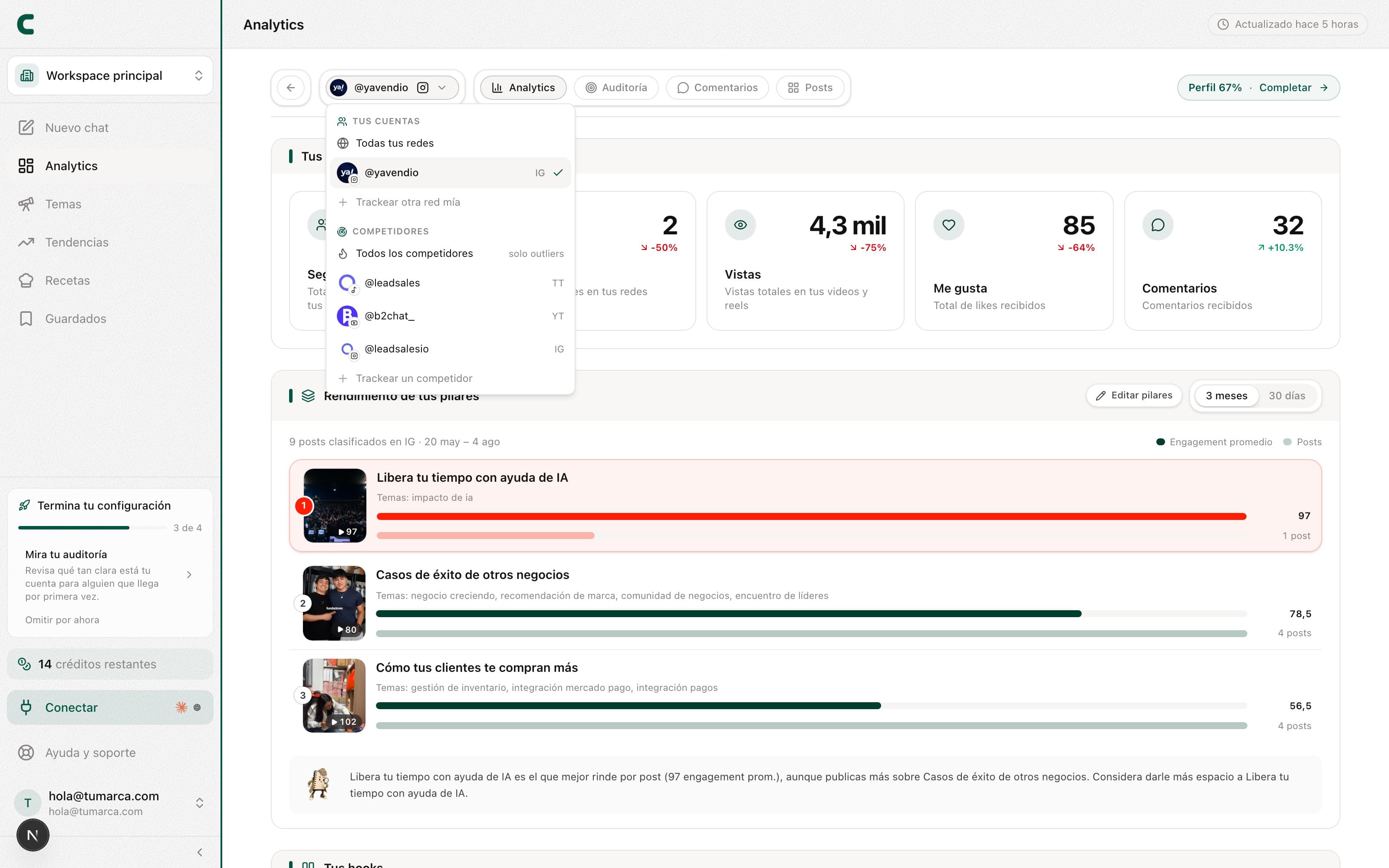El selector de cuentas abierto, con tus redes arriba y tus competidores debajo