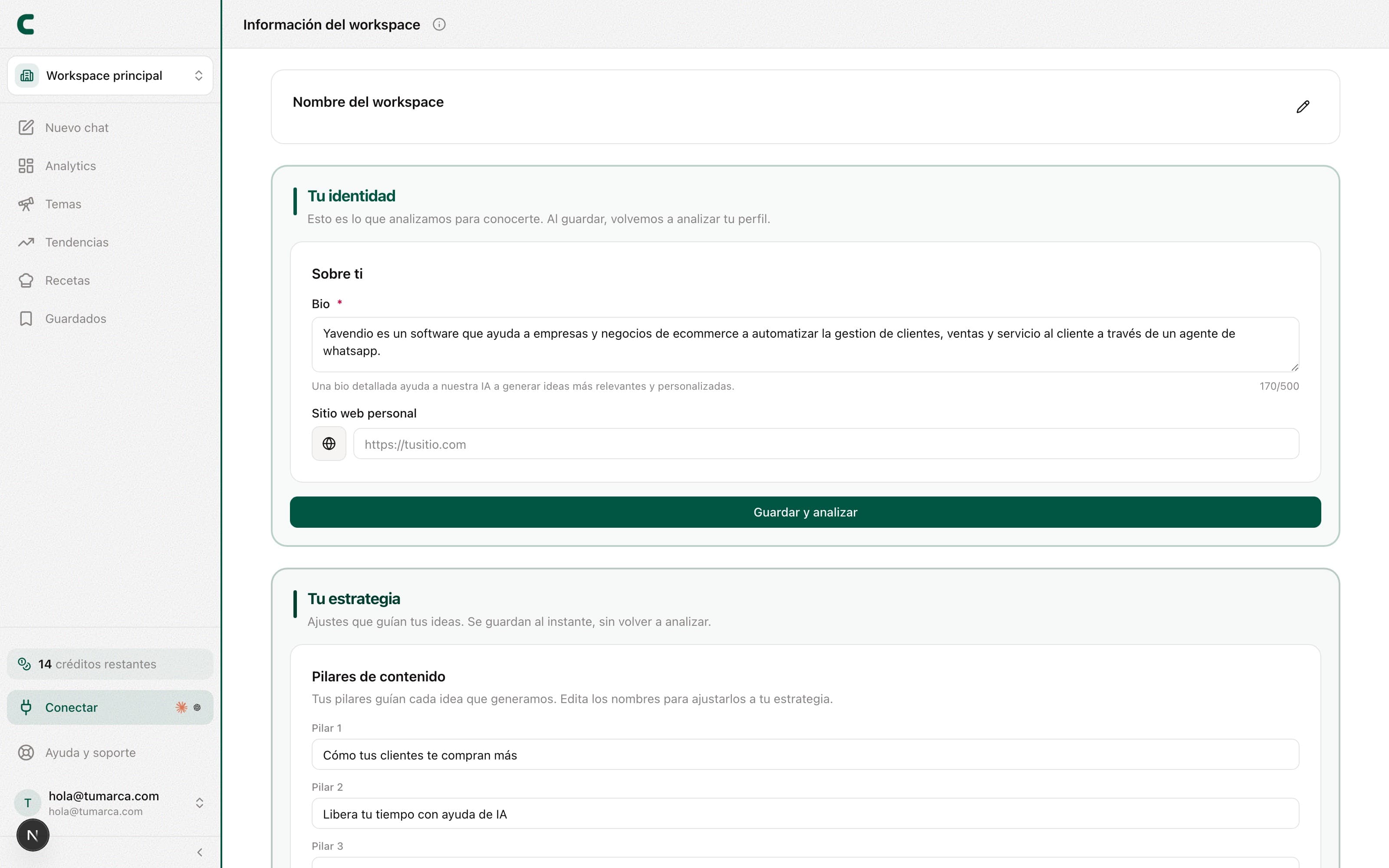 La página Identidad del Creador con tu bio, pilares, CTAs y audiencia