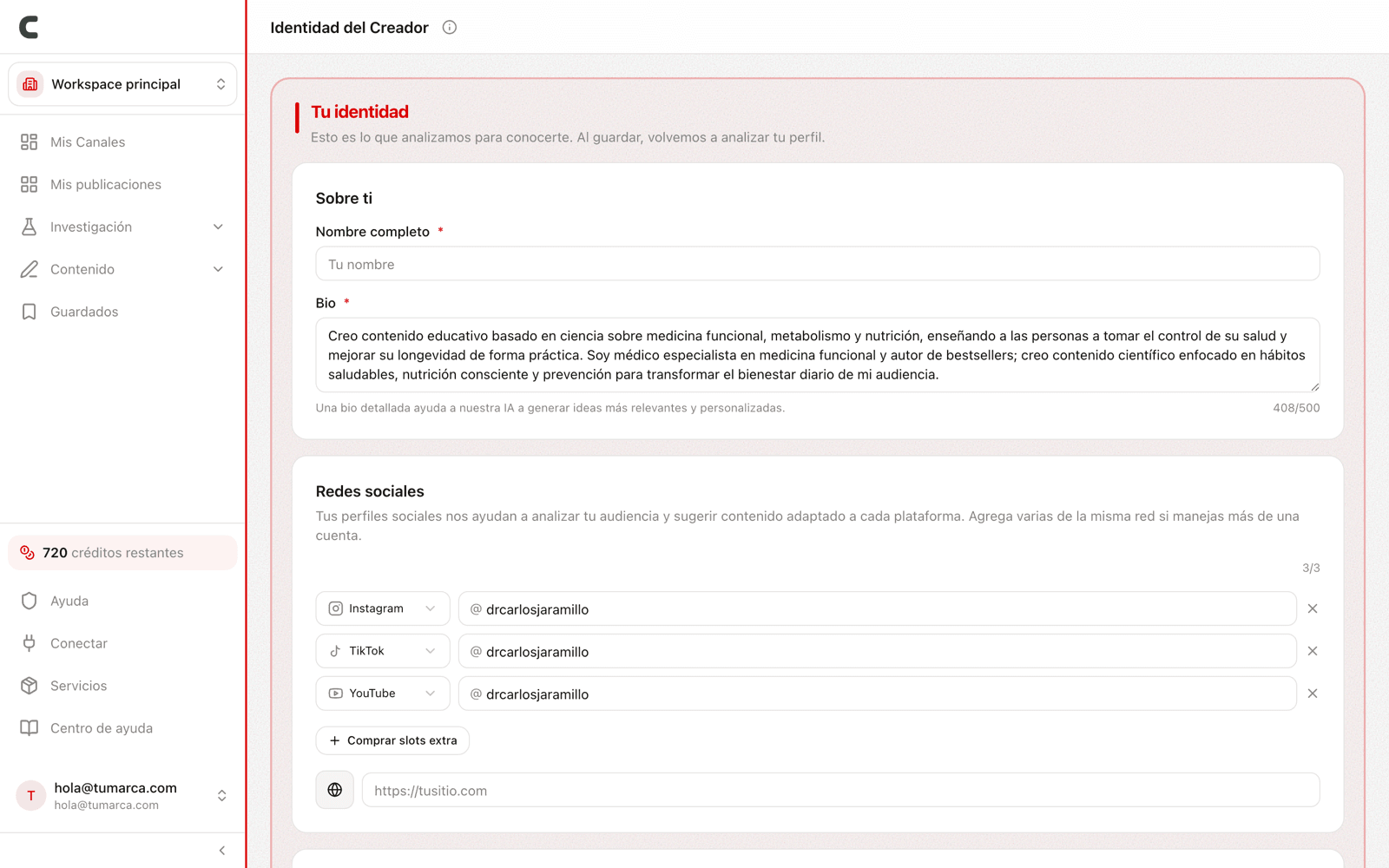 La página Identidad del Creador con tu bio, redes y referentes