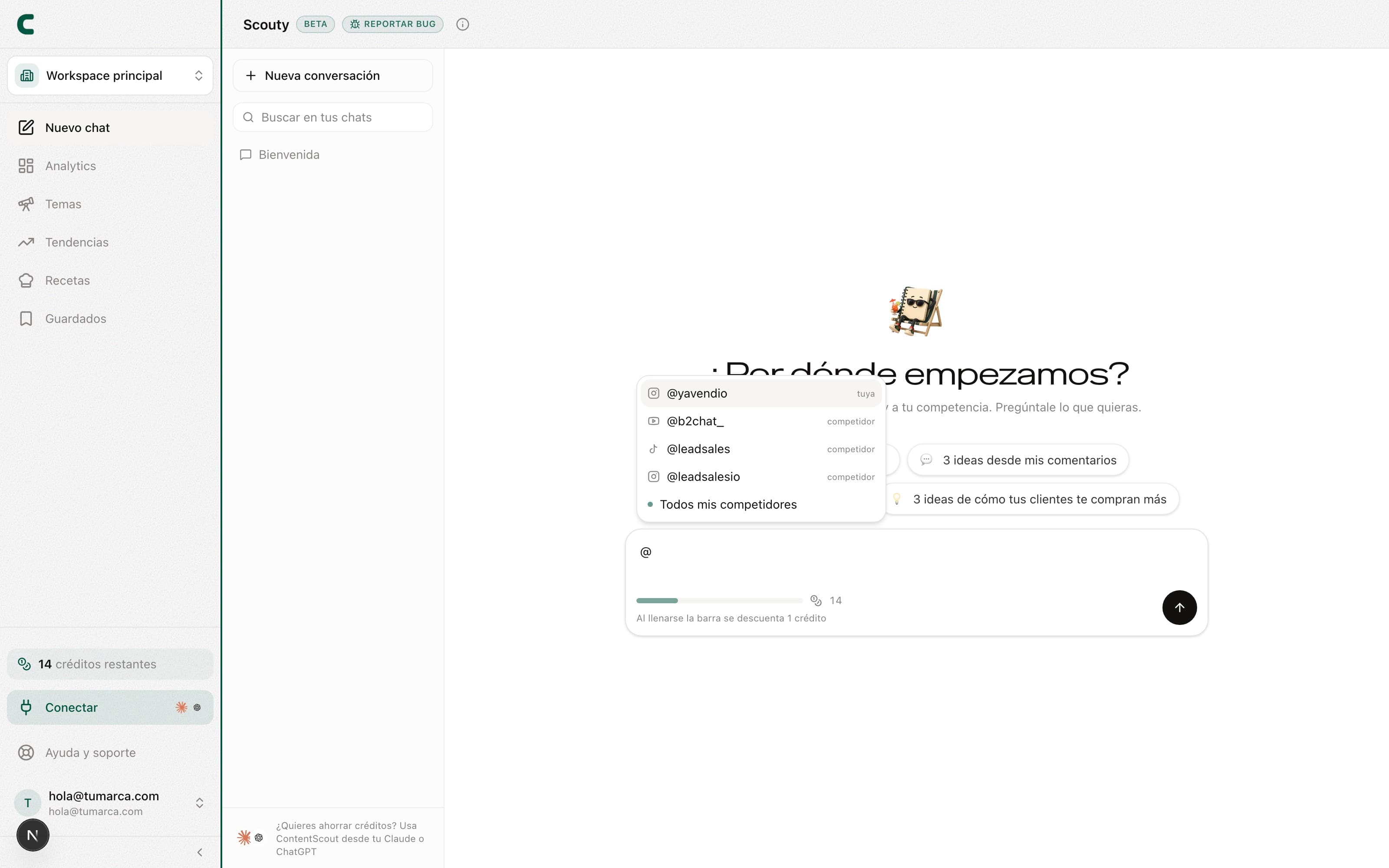 El menú de menciones con @ abierto sobre el compositor del chat