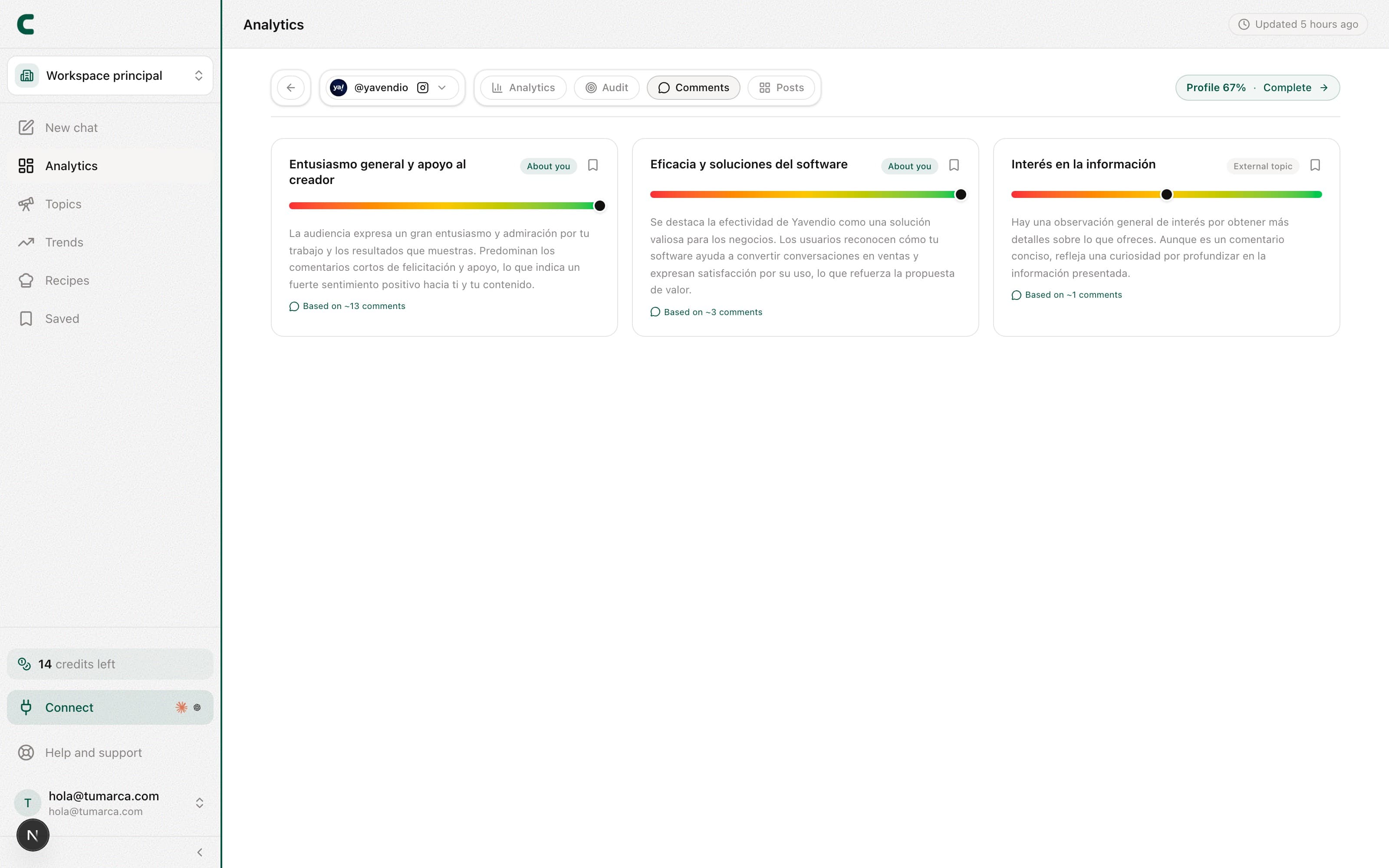 An account's Comments view with its audience's sentiment