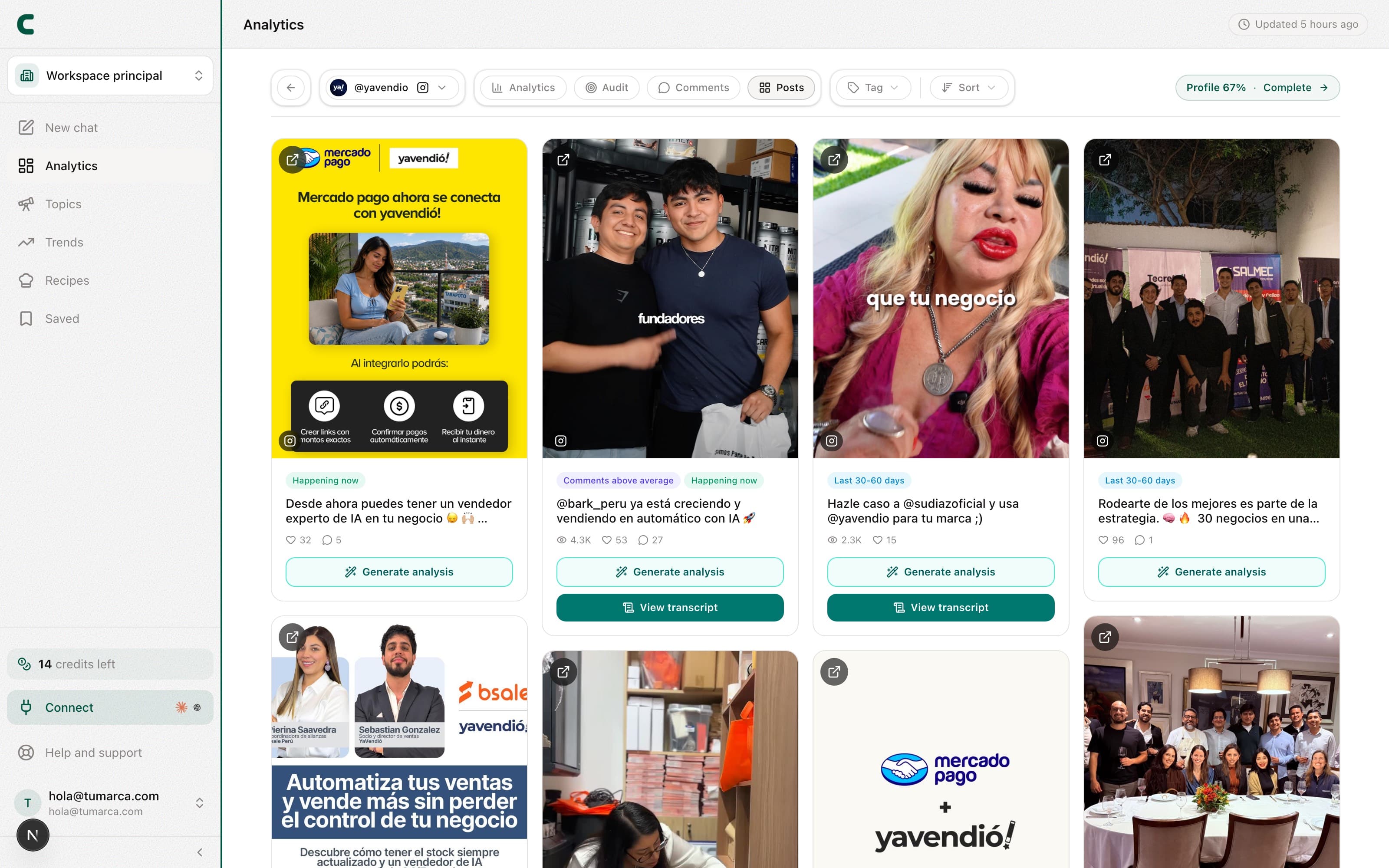 An account's Posts view with the tags, the filter and the sort control