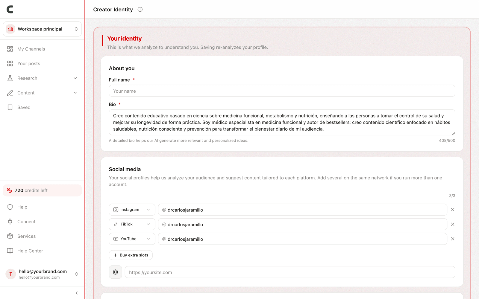 The Creator Identity page with your bio, networks, and tracked creators