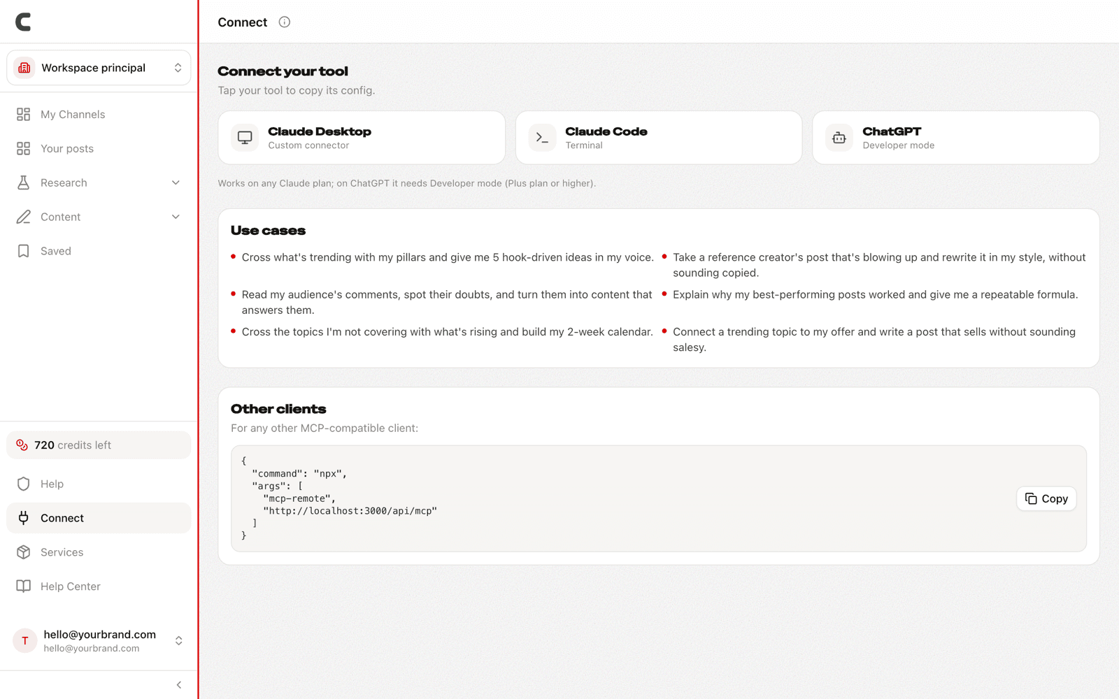The Connect page with the Claude and ChatGPT cards
