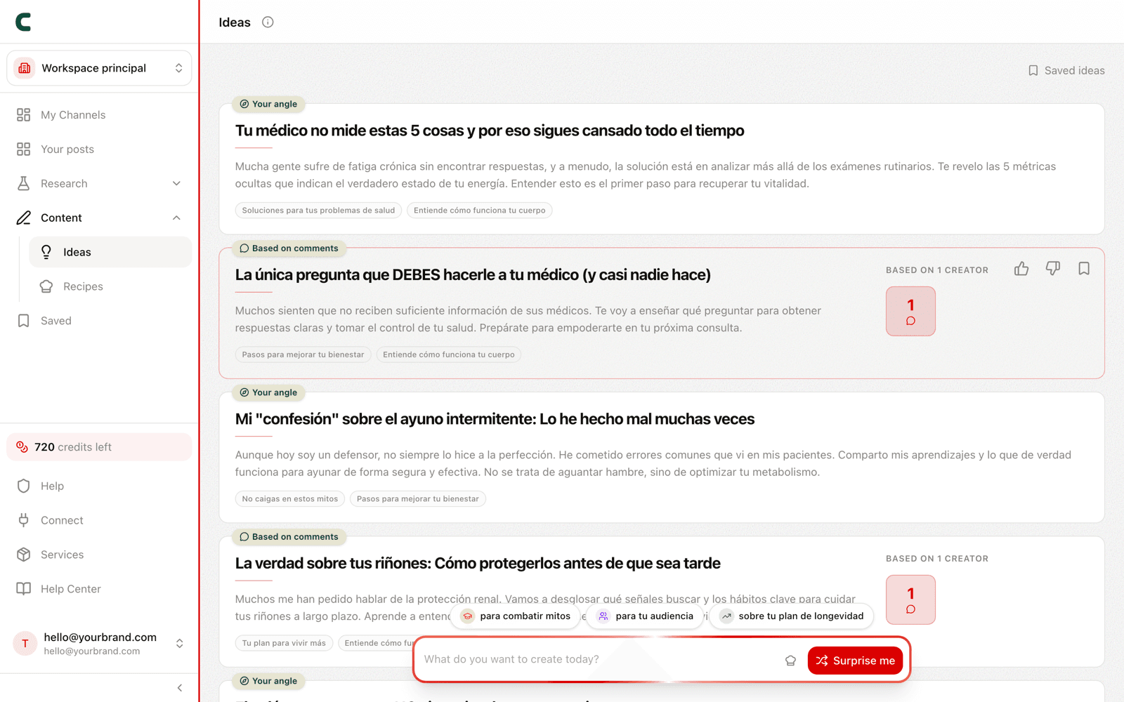 The Ideas page with the composer and your idea batch