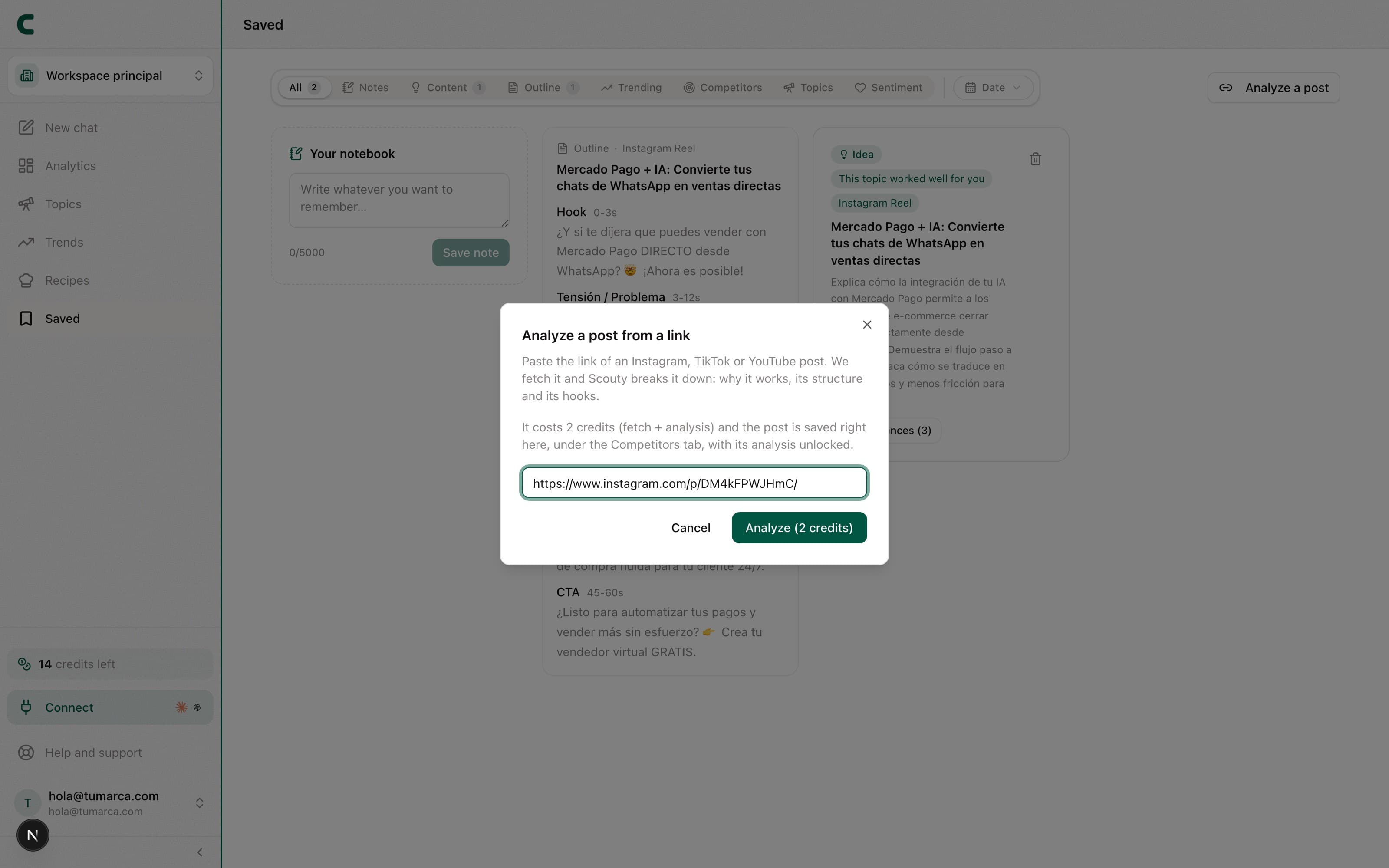 The "Analyze a post from a link" dialog with a URL pasted in