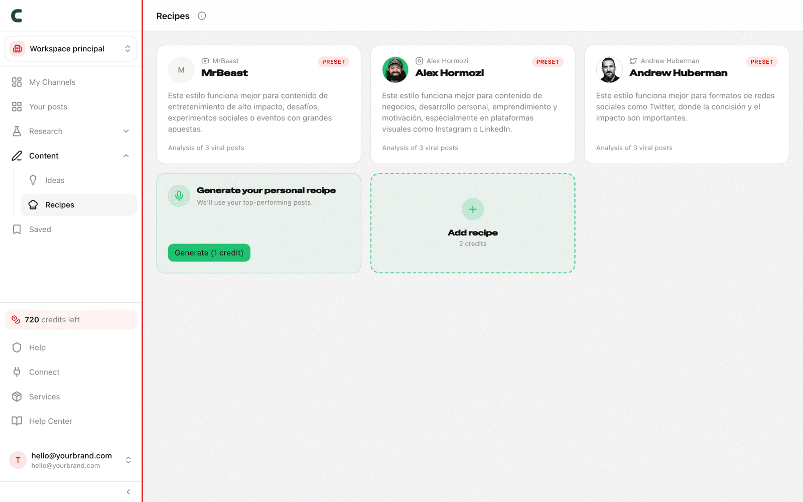 The Recipes page with preset recipes and your own voice