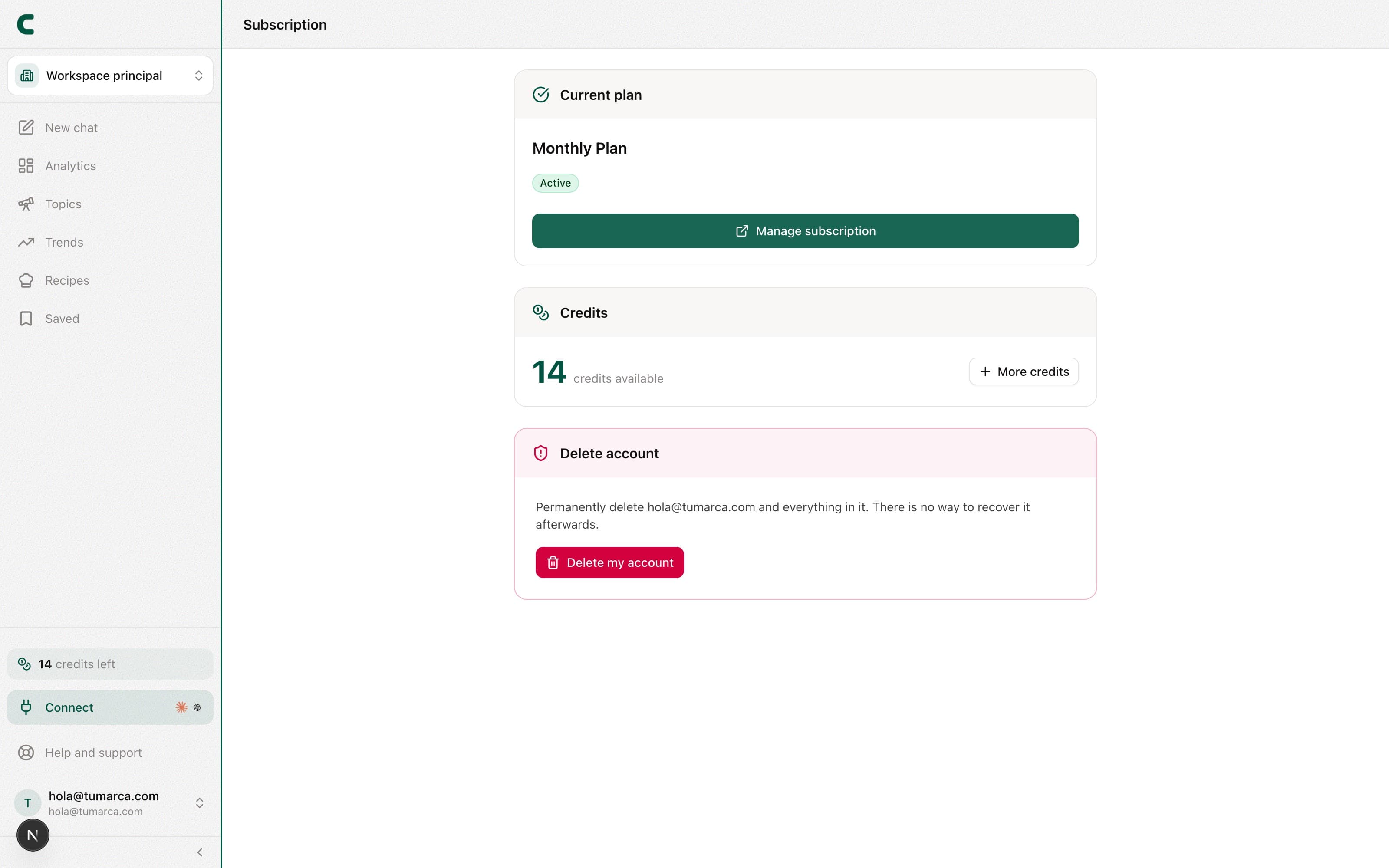 The Subscription page with your plan, your credits, and your slots