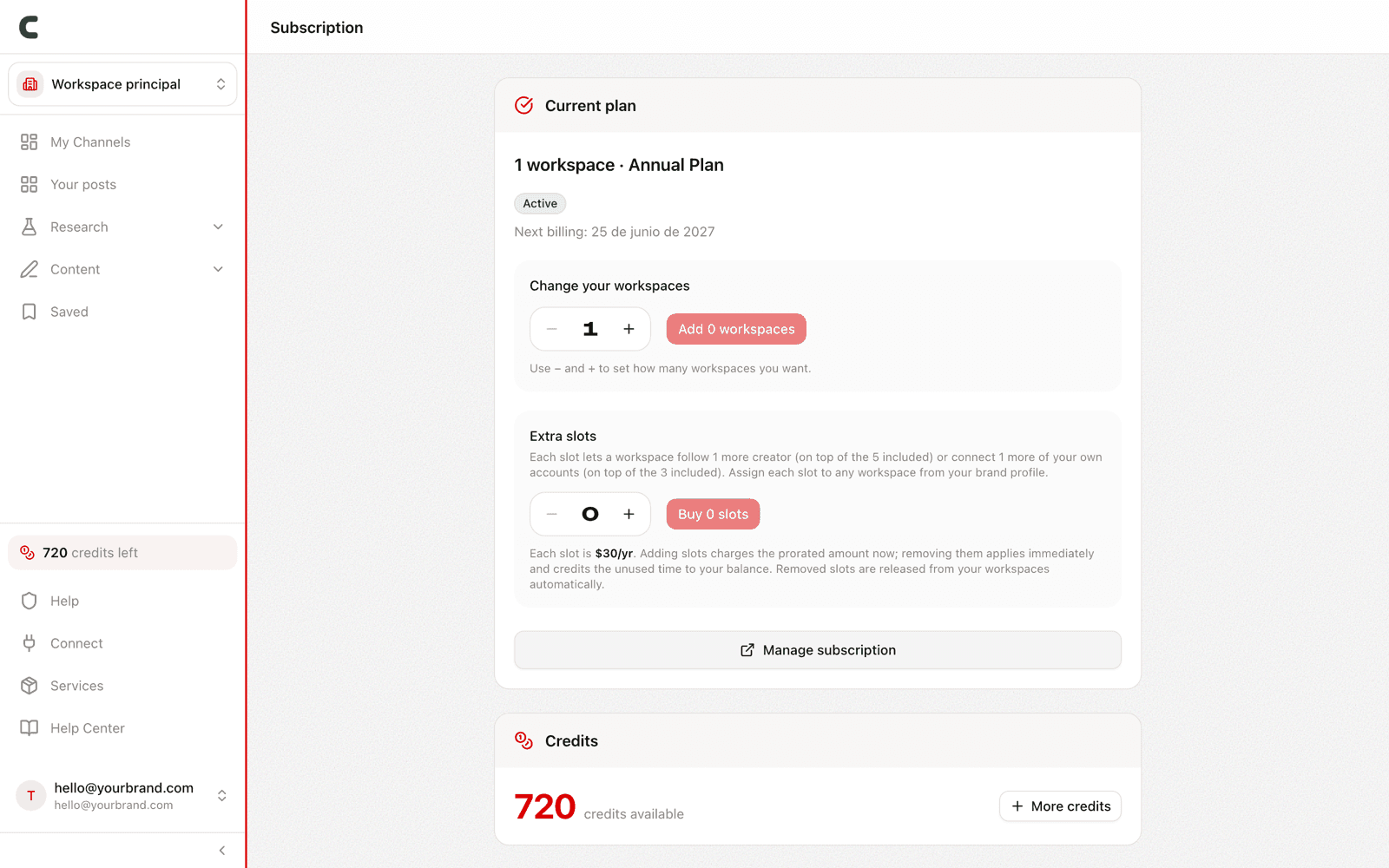 The Subscription page with your plan, extra slots, and credits