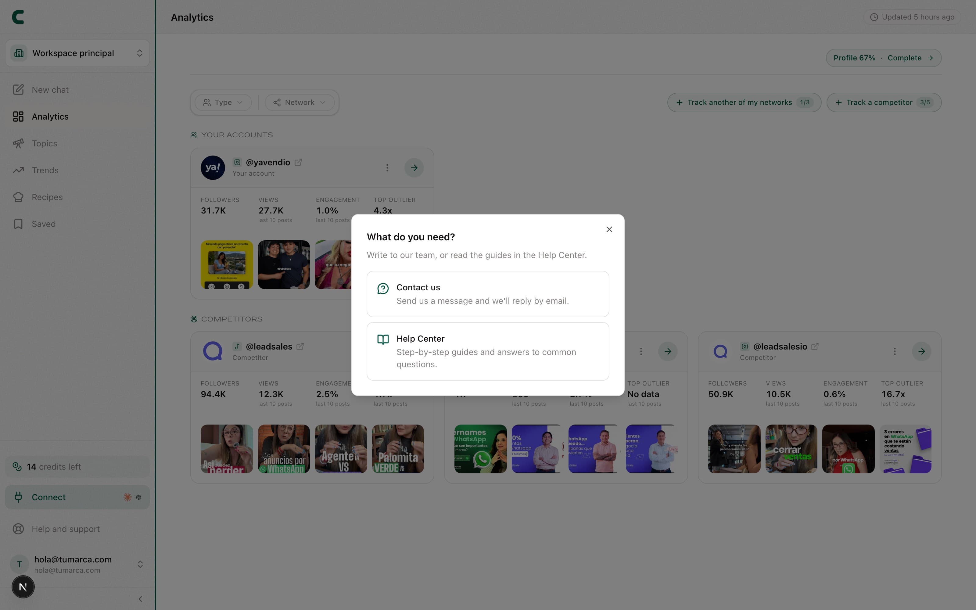 The Help & support dialog open over the dashboard