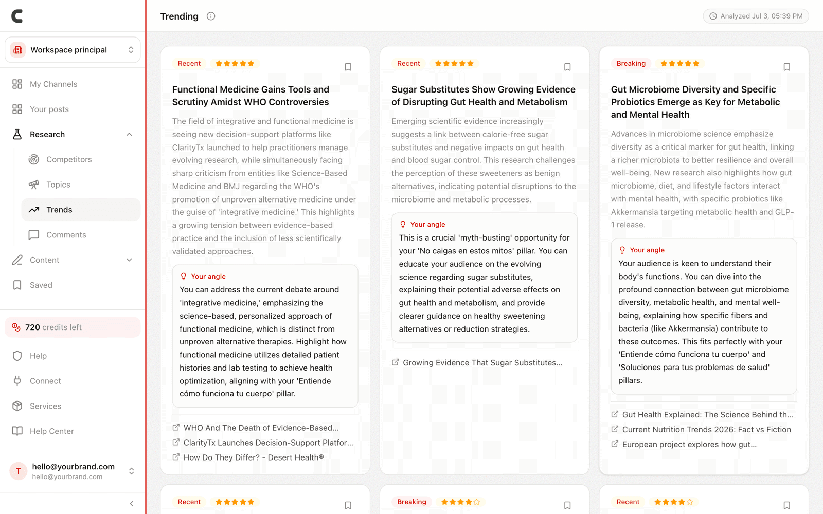 The Trends page with rising topics in your niche