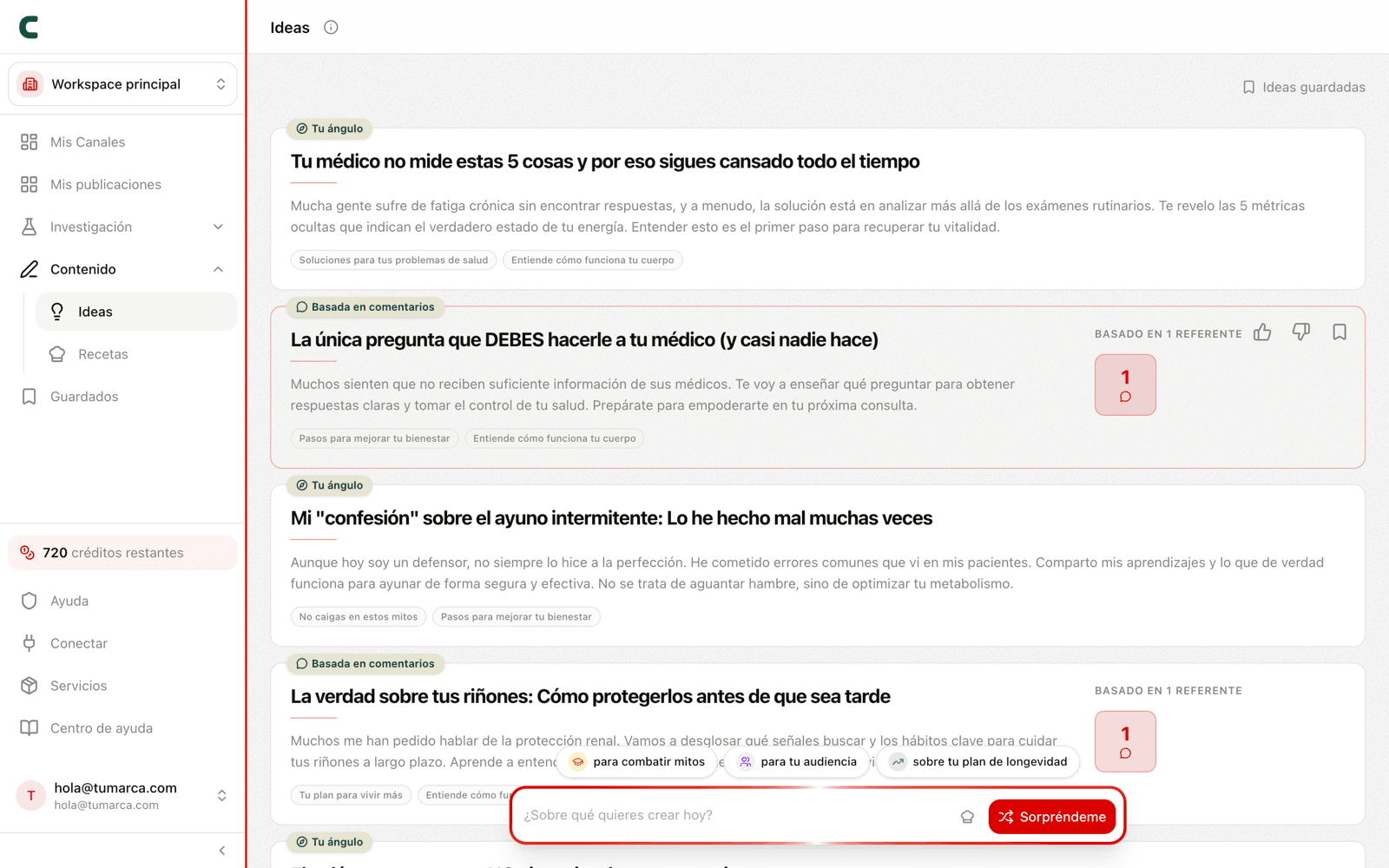 La página Ideas con el compositor y tu lote de ideas