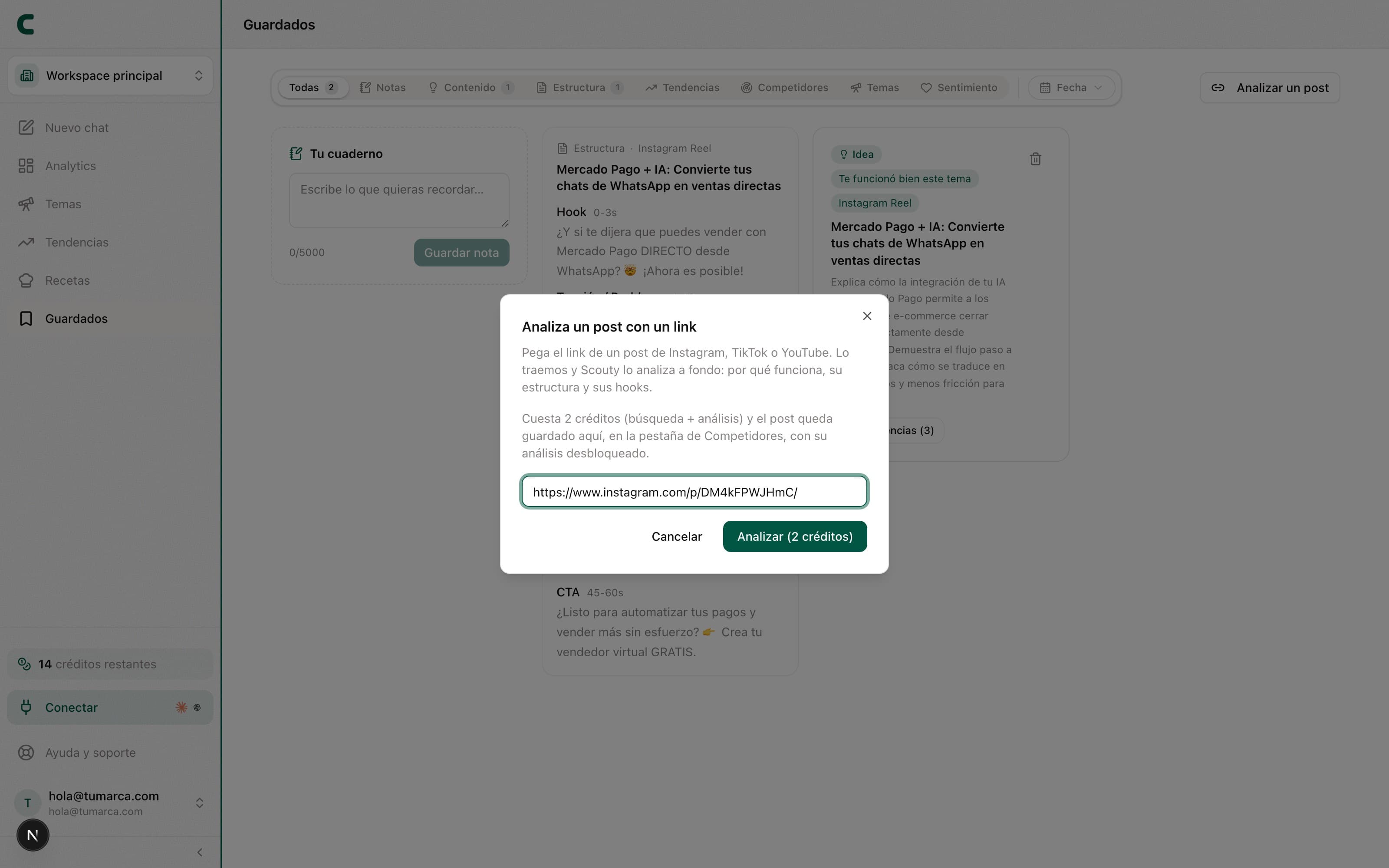 El diálogo «Analiza un post con un link» con una URL pegada