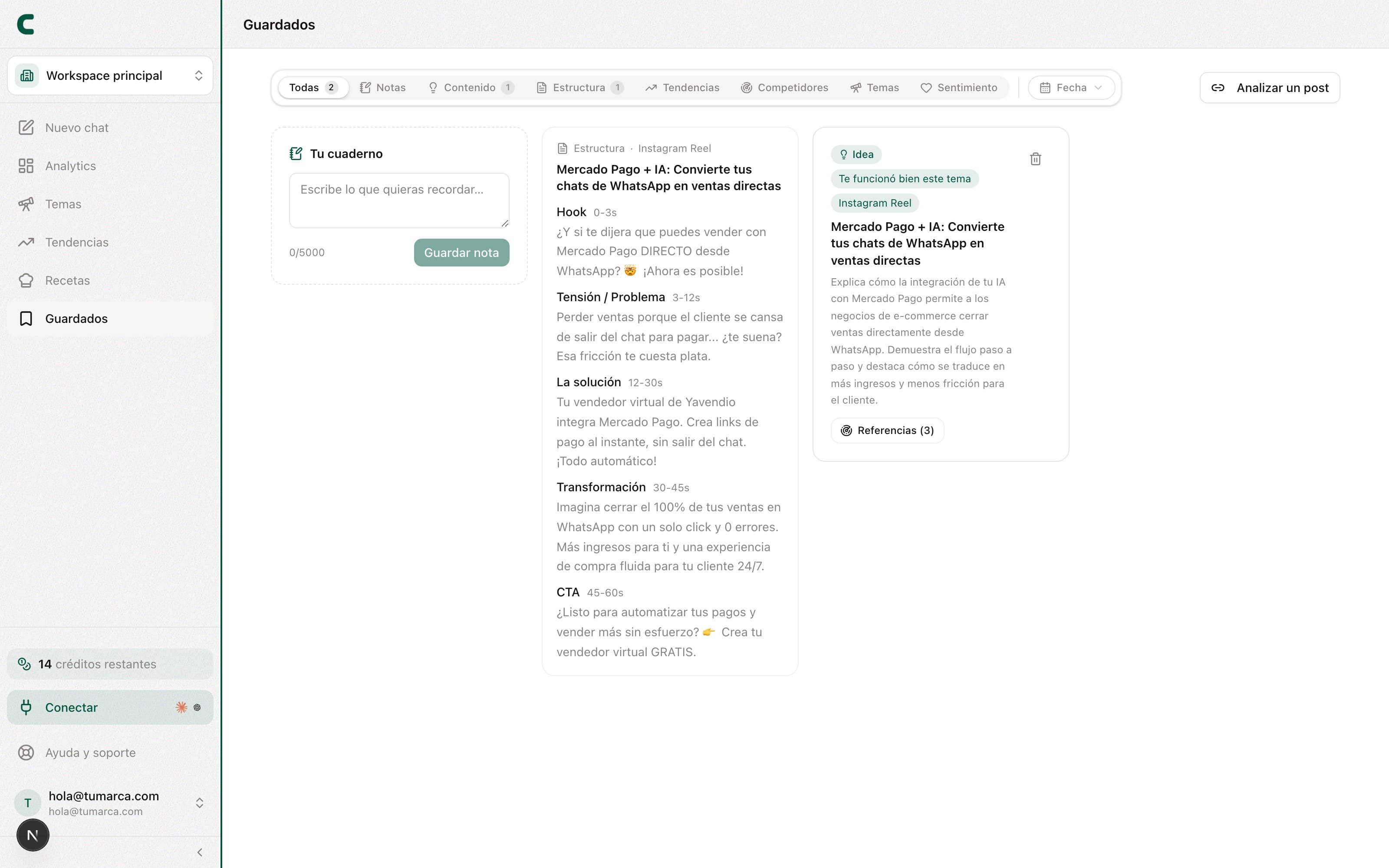 Guardados con tu cuaderno, tus guardados y los filtros por tipo y fecha