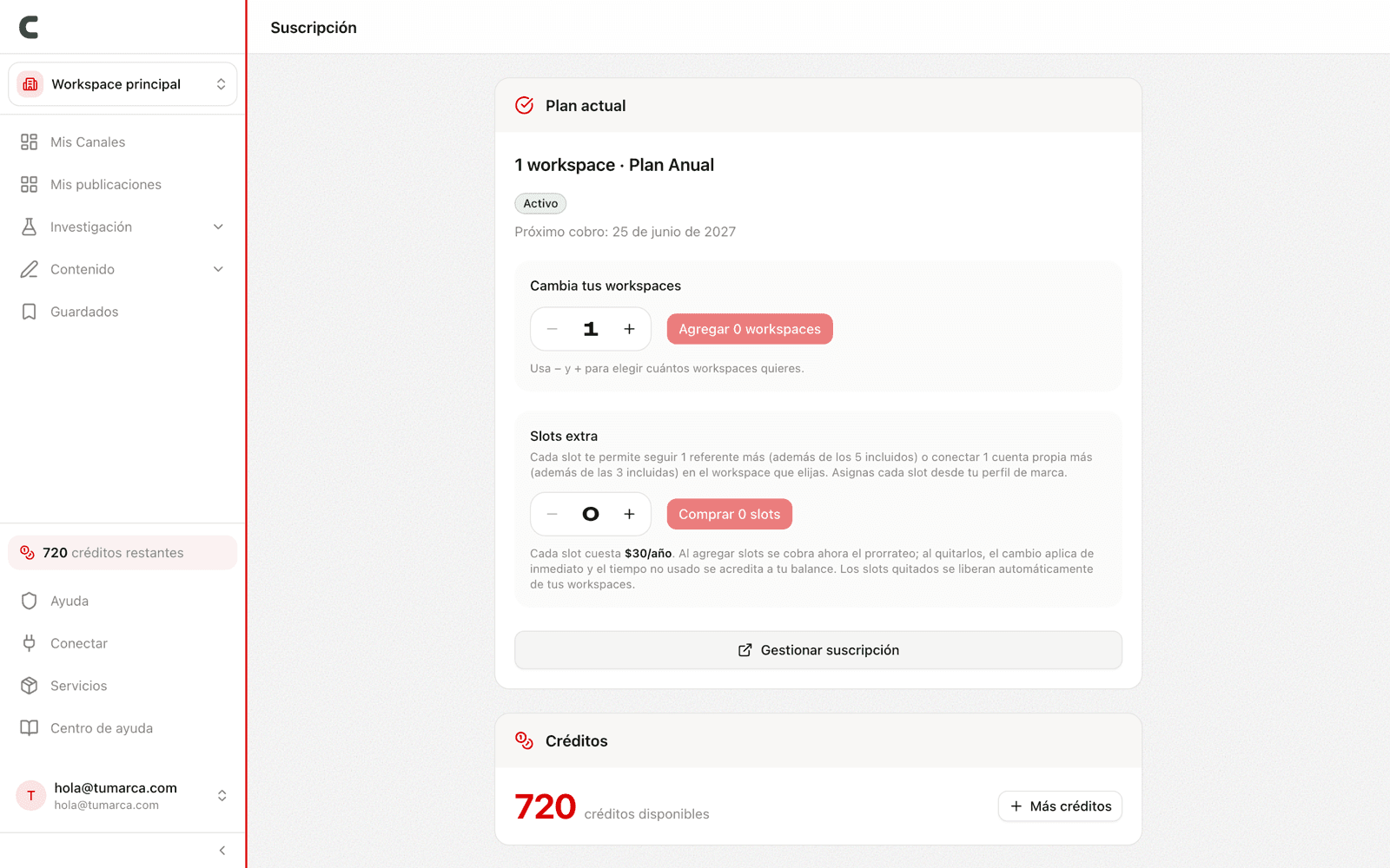 La página Suscripción con tu plan, slots extra y créditos