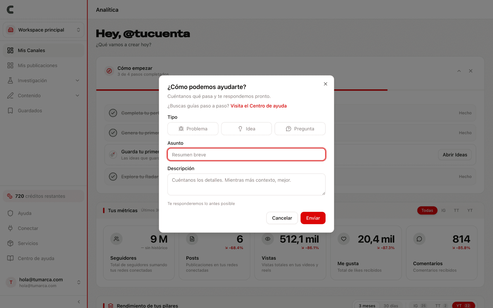 El formulario de Ayuda abierto sobre el dashboard